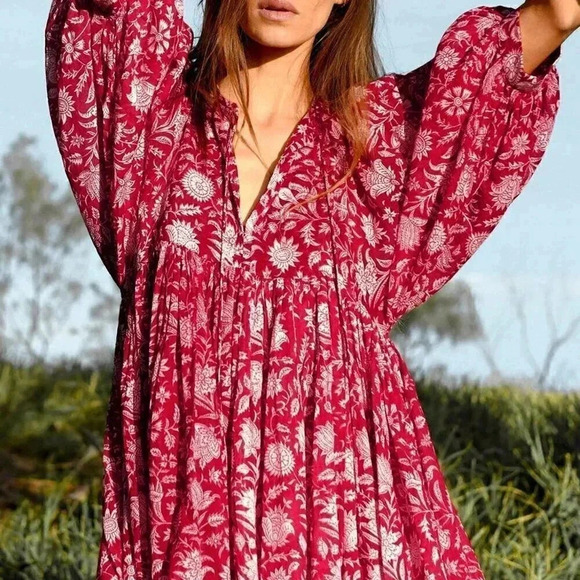 Red Boho Women's Full Printed Knot Bib Collar Lantern Sleeve Dress - Picture 1 of 3